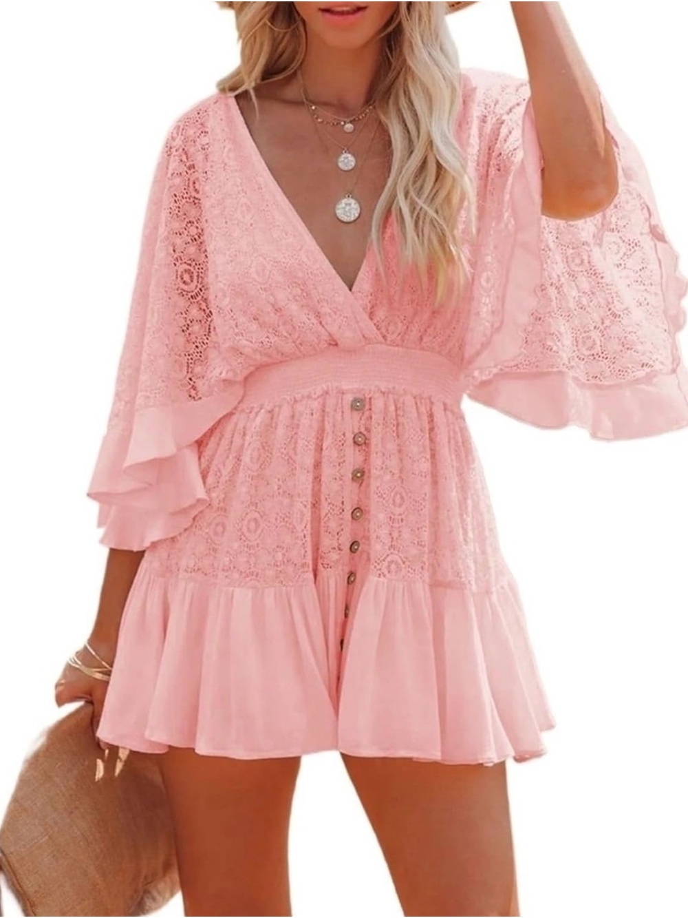 Romantic Pink Lace V-Neck Ruffle Mini Dress